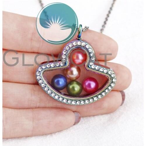 Rhinestone Fan Design Glass Locket Pearl Necklace Pendant fit 8mm Beads Pearl Locket Rainbow Steel Chain Necklace