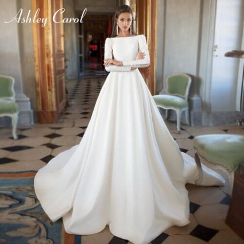 Ashley Carol Long Sleeve Satin Wedding Dress 2021 Vestido De Noiva Sexy Backless Button Beach Bride A-Line Princess Bridal Gown