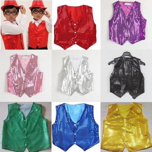 Boys & Girls Sequin Dance Vest Waistcoat Show Costumes Dancewear Fashion Kids Top Ballo Children Sequined Outfit Modern Tops