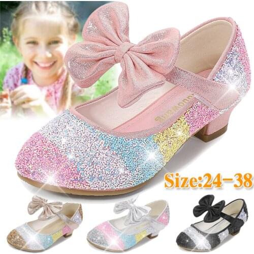 KAMUCC Girls' Princess Shoes PU Leather Shoes Round-Toe Soft-Sole Big girls Non-Slip High Heel Princess Crystal Shoes