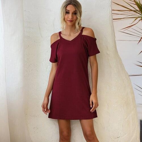 New All-Match Strapless Solid Color Commute Dress V-Neck Loose Comfortable Short Sleeve Dresses Trend Ropa Mujer Hot Sale