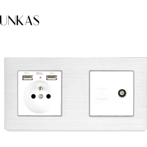 UNKAS French White Aluminum Metal Panel Socket + RJ11 Telephone Jack With RJ45 Data Computer Internet Connector Wall Socket