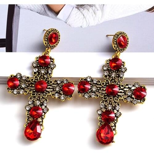 Baroque Vintage Crystal Cross Earrings For Women Girls Rhinestone Drop Earrings Brincos Fashion Statement Jewelry