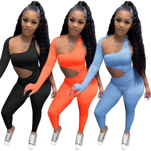 2021 Autumn Sexy Women Jumpsuit Hollow Out Bodycon One Shoulder Streetwear Solid Color Long Romper Women Jumpsuit