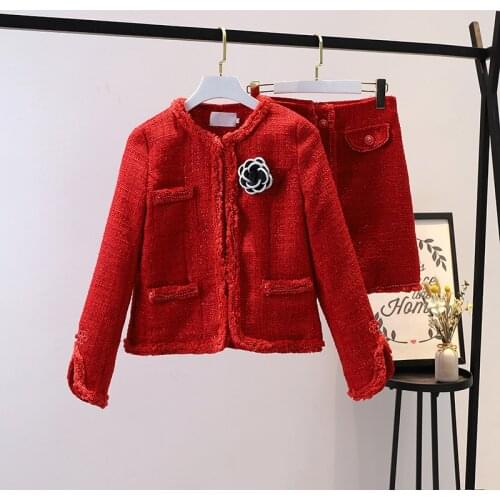 Autumn And Winter New Women Elegant Fashion Tweed Short Coat Skirt Two-piece Sets Long Sleeve O-Neck Red Jacket Bodycon Skirts