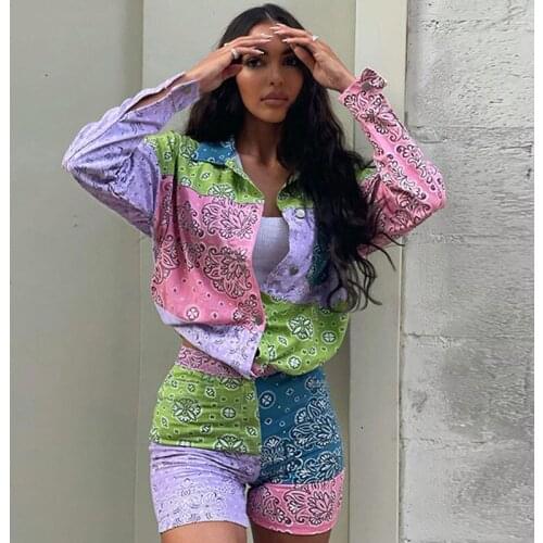 Bandana Printed Two Piece Set Women Clothing Sets Long Sleeve Shirt Top and Shorts Suits Y2K Club Birthday Outfits Matching Sets