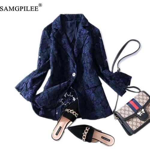 2020 Novelties For Women Blazer Full Sleeve Lace Solid Single Button Blazer Feminino Notched Lace Blazers For Women Formal 3xl