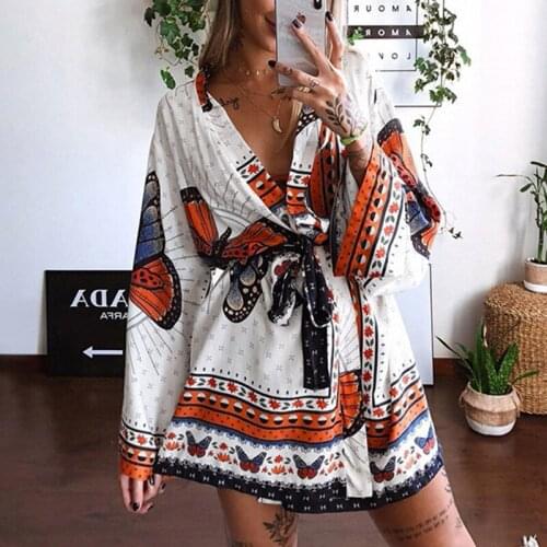 Ladies Butterfly Printed A-Line Party Dress Women Sexy Deep V-neck Long Sleeve Mini Dress Casual Loose 2021 Summer Beach Dresses