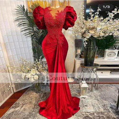 Red Prom Dress Mermaid With Ruffles Sleeves Mermaid Appliques Lace Evening Dress Robe De Soiree Longue