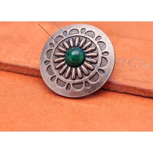 10 Sets 30MM Retro Silver Daisy Flower Green Bead Conchos for DIY Leathercraft Western Luggage Bag Wallet Decor