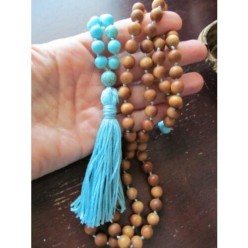 108 Bead Mala Necklace Turquoises and Sandalwood Necklace Tassel Necklaces Yoga Mala Beads Jewelry Prayer Beads Necklaces