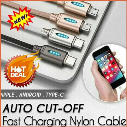 Auto Cut-off Fast Charging Nylon Cable Mobile Phone Intelligent Power Off Data Line For Android Type-C iPhone