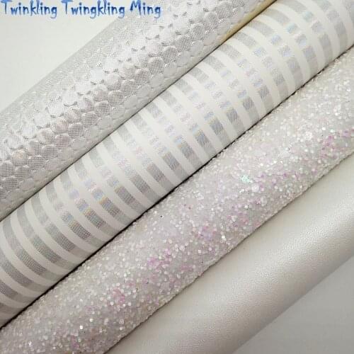 White Chunky Glitter Leather, Stripes Printed Faux Fabric, Iridescent Synthetic Leather For Bow A4 21x29CM Twinkling Ming KM085