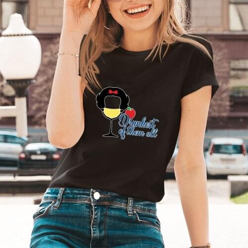 Snow White Cartoon Printing T Shirt Women Disney Summer New Wine Glass Princess Series Drunkest Of Them All Letters Pattern Cute