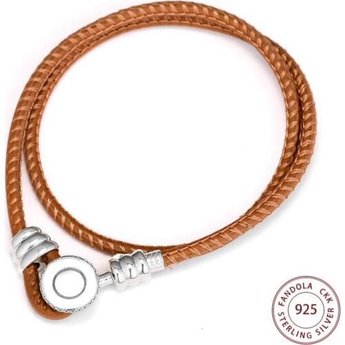 CKK 925 Sterling Silver Jewelry Golden Tan Double Leather Bracelets for Women Silver 925 Jewellery Bracelet Femme Bijoux
