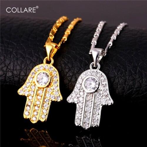 Collare Fatima Hamsa Hand Pendant Cubic Zirconia Crystal Religious Arabic Anulet Lucky Jewelry Palm Necklace Women P146