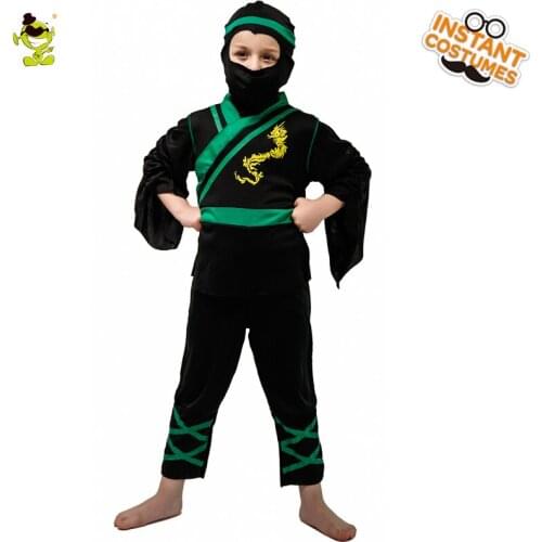 Halloween Party Kids Hooded Ninja Costume with Dragon Printed Carnival Cosplay Boys Cool Ninja Outfits for Children