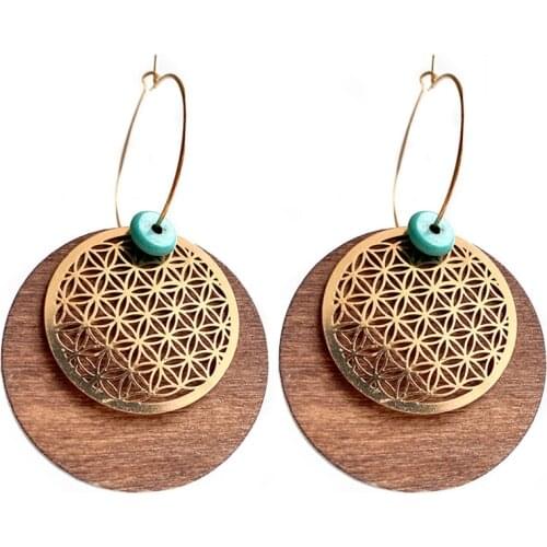 Filigree Metal Disc Wood Hoop Earrings