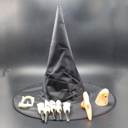 Set Halloween Purim Witch Set Vampire Horror Costume Cosplay Cap Hat Nose Nail Jaw Tooth Set For Party Fancy Carnival Masquerade