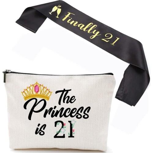 Canvas Makeup Cosmetic bag sash for Daughter Sisters Friend princess twenty-one 21st 21 years old 1998 birthday gift decoration