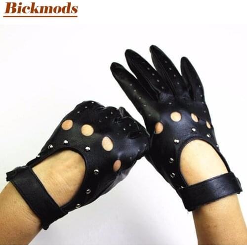 Full finger leather gloves womens sheepskin unlined fashion hollow style outdoor motorcycle riding driving free shipping