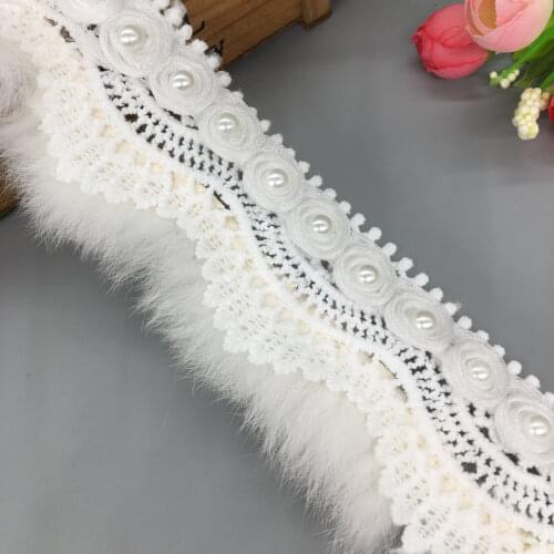 1 Yd White Faux Fur Pom Pom 3D Flower Leaf Lace Trim Ribbon Fabric Embroidered Applique Sewing Craft Wedding Dress Clothes