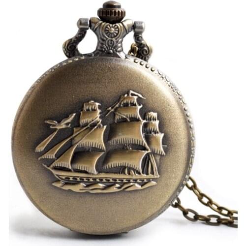 Bronze Mini Small Quartz Pocket Watch Sailing Canvas Boat Ship Necklace Clock Pendant Watches Chain Women Men Girlfriend Gift