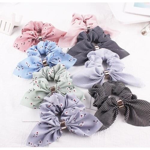 Cute Bunny Ears Scrunchies Floral Chiffon Scrunchie Women Elastic Hair Bands Girls Headwear Hair Ties Striped Ponytail Holder