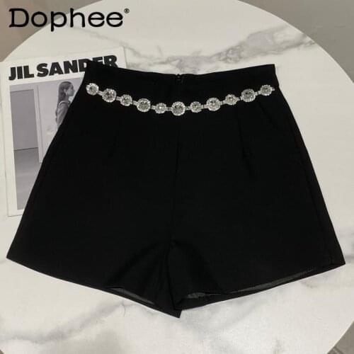 Fashion Rhinestone Chain Elegant Three-Point Suit Shorts for Women 2021 Autumn Midi-Waist Black Straight Short Pants Hot Pants
