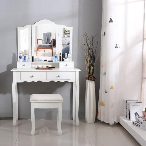 Fashion Dresser Bedroom Simple Vanity Makeup Table Set with Stool & Mirror & 4 Drawers Ship From France HWC