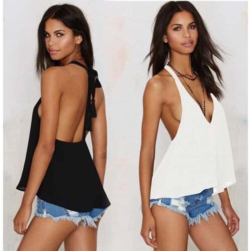 New Sexy Backless Tank Top Women Chiffon Tops Summer Sleeveless Shirt Sexy Camis Female Tops v-neck Vest