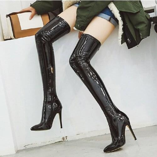 Sexy Mirror Leather Thigh High Boots Women High Heels Over The Knee Boots For Women Point Toe black Fetish Party Long Shoes