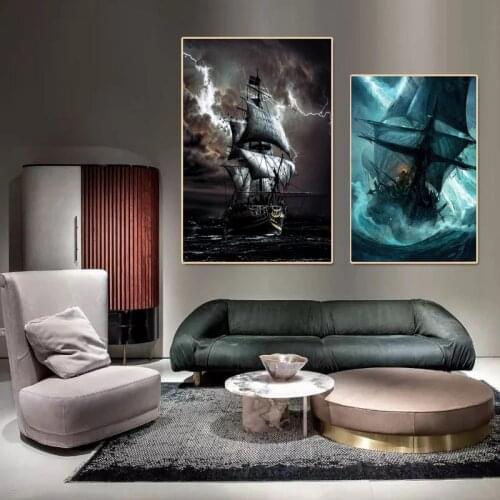 Pirate Ship At Sea Canvas Painting Black Sailboat Vintage Posters and Prints Vessel Wall Pictures for Living Room Decor Quadro