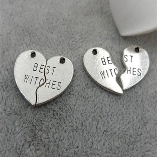 High Quality 20 Sets/Lot 17mm*19mm Heart Shaped Letter Printed Best Witches Charms Pendant For Jewelry Making