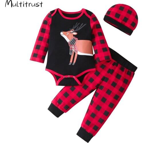 Newborn Infant Baby Christmas 3-piece Outfit Set Cartoon Santa Elk Romper+Plaid Pants+Hat Set for Baby Boys Girls