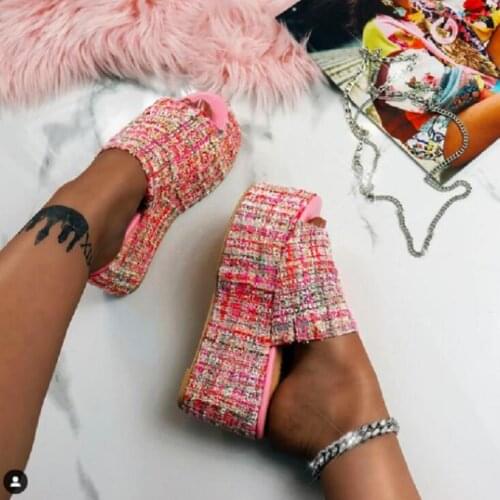 Women Sandals 2021 New Beach Peep Toe Platform Sandals Slippers Female Large Size Thick-soled Plaid Slippers Cloth Shoes