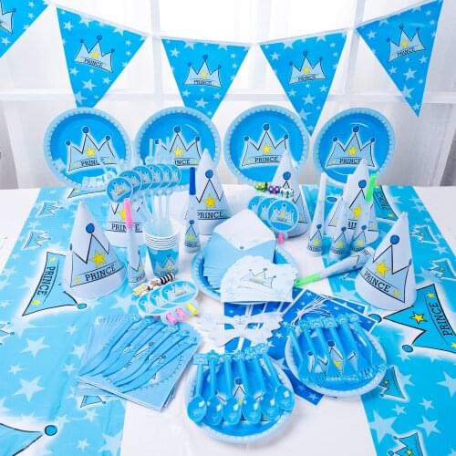 Blue Prince Crown Theme Birthday Party Disposable Tableware Supplies Baby Shower Paper Banner Napkin Tablecloth Decorations Set