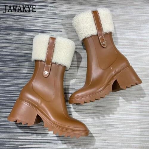 Wool Opening Brown PVC Women Rain Boots Square Toe Block Heel Short Ankle Boots Hot Selling Rubber Platform Autumn Winter Shoes