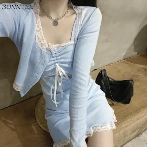 Women Sets Mini Solid Shirring Lace Tender Korean Style Summer Girlish Knitted Cozy Slim O-neck Full Sleeve Fashion Casual Chic