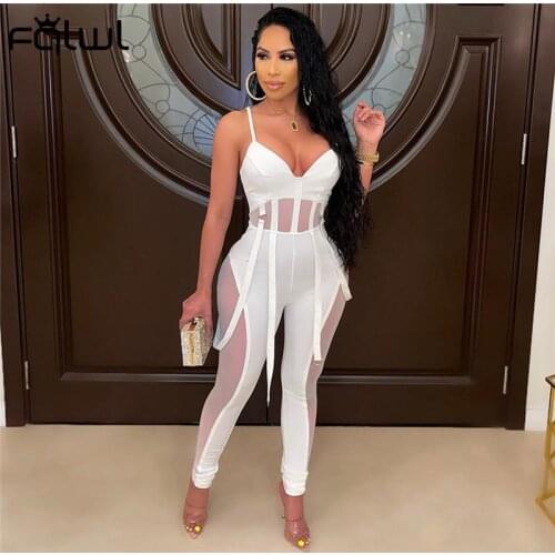 FQLWL Summer Clubwear White Jumpsuits Women Sleeveless Cami Straps Backless Bodycon Jumpsuit Sexy See Through One Piece Outfit