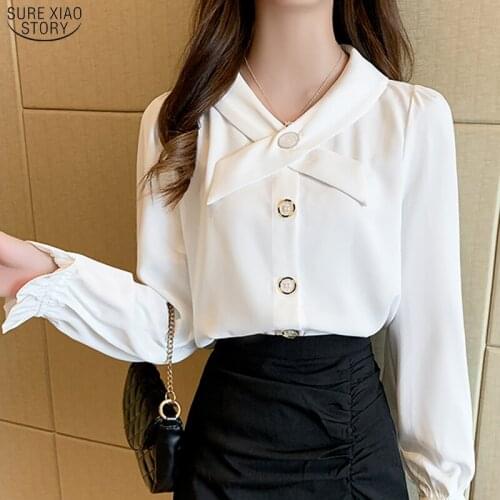 2021 Office Lady V Neck Button Cardigan Women Shirt Autumn Flare Long Sleeve White Chiffon Blouse Women Plus Size Blusas 10574