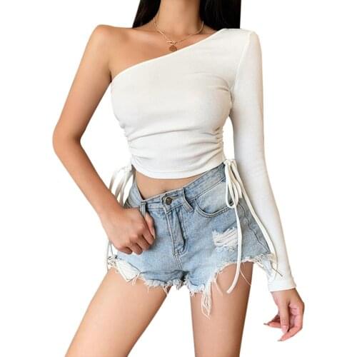 Womens One Shoulder Crop Top, Sexy Long Sleeve Side Drawstring Slim Fit Rib Knit Tee Shirt