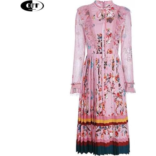 Designer Runway Flower Printed Woman Midi Dress Rruffles Elegant Long Sleeve Lace Up Pleated Pink Party Dresses Lady Vestidos ZA