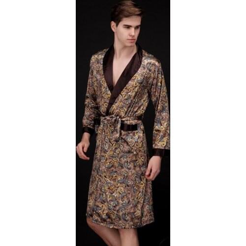 2018 New Men Robes Sexy Bathrobe Long Sleeve Nightdwear Print Silk-like Night-robe Male Woven Nightgown Homewear Big Yard L-XXL