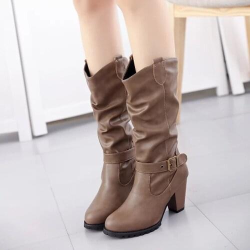 2019 Leather High Heel Boots Slip On Winter Boots Ladies Shoes Buckle Warm Casual Botas Mujer zapatos boots women