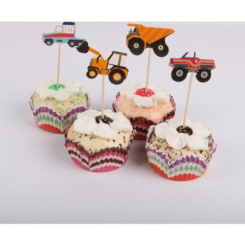24pcs/lot Construction Vehicles Cupcake Topper Picks Kids Birthday Party Decoration Cake Baking Event Party Wedding Supplies