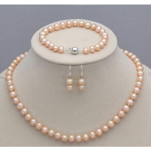 8-9mm Pink Natural Freshwater Pearl Necklace Bracelet Earrings Jewelry Set