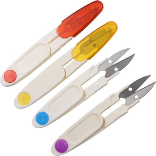 U Shape Scissors Plastic Handle Safety Cover Sewing Scissors Thread Embroidery Cross-stitch Cutter Portable Cutter Mini Spring