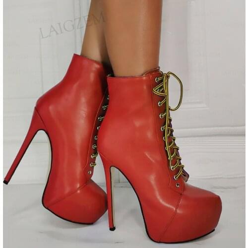 BERZIMER Women Ankle Platform Boots Lace Up Thin High Heels Booties Botas Mujer Faux Leather Shoes Woman Big Size 41 44 47 52