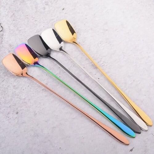 1pcs Long Spoon For Coffee 304 Stainless steel Colorful Stirring Milk Teaspoon Dessert Ice Cream Spoon Cutlery Kitchen Bar Tools